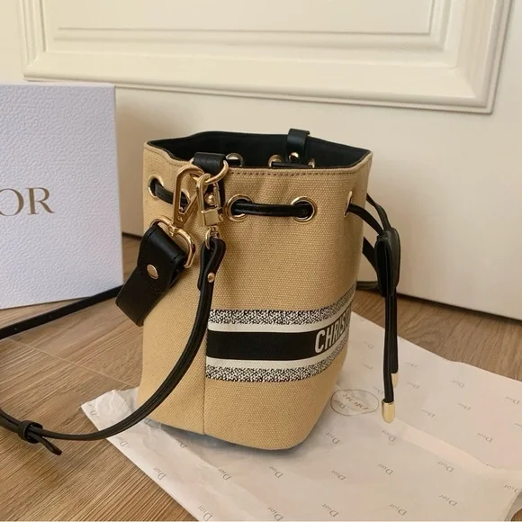 Christian Dior Beige Canvas Bucket Bag with Pearl Charm - Picture 6 of 11